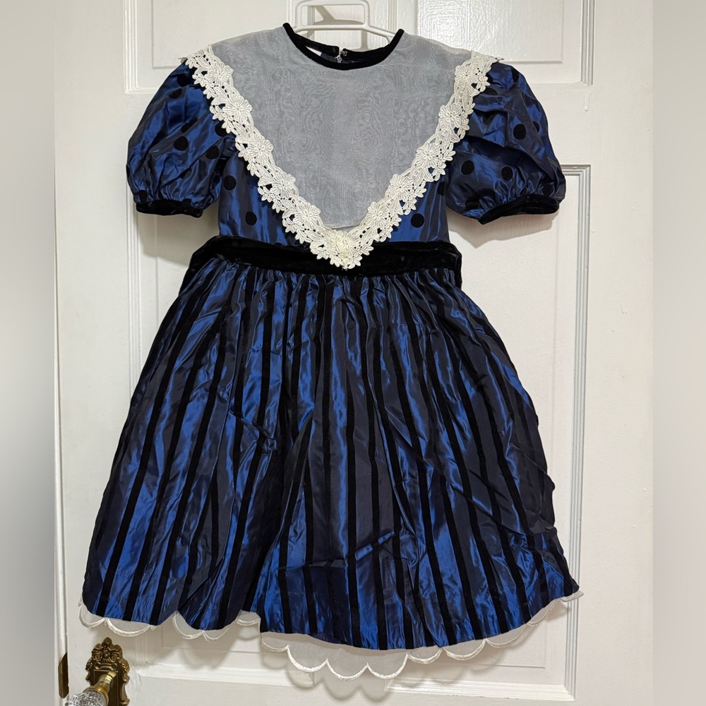 Vintage Girls Blue Black Polka Dot Stripe Bow Dress Size 6X
